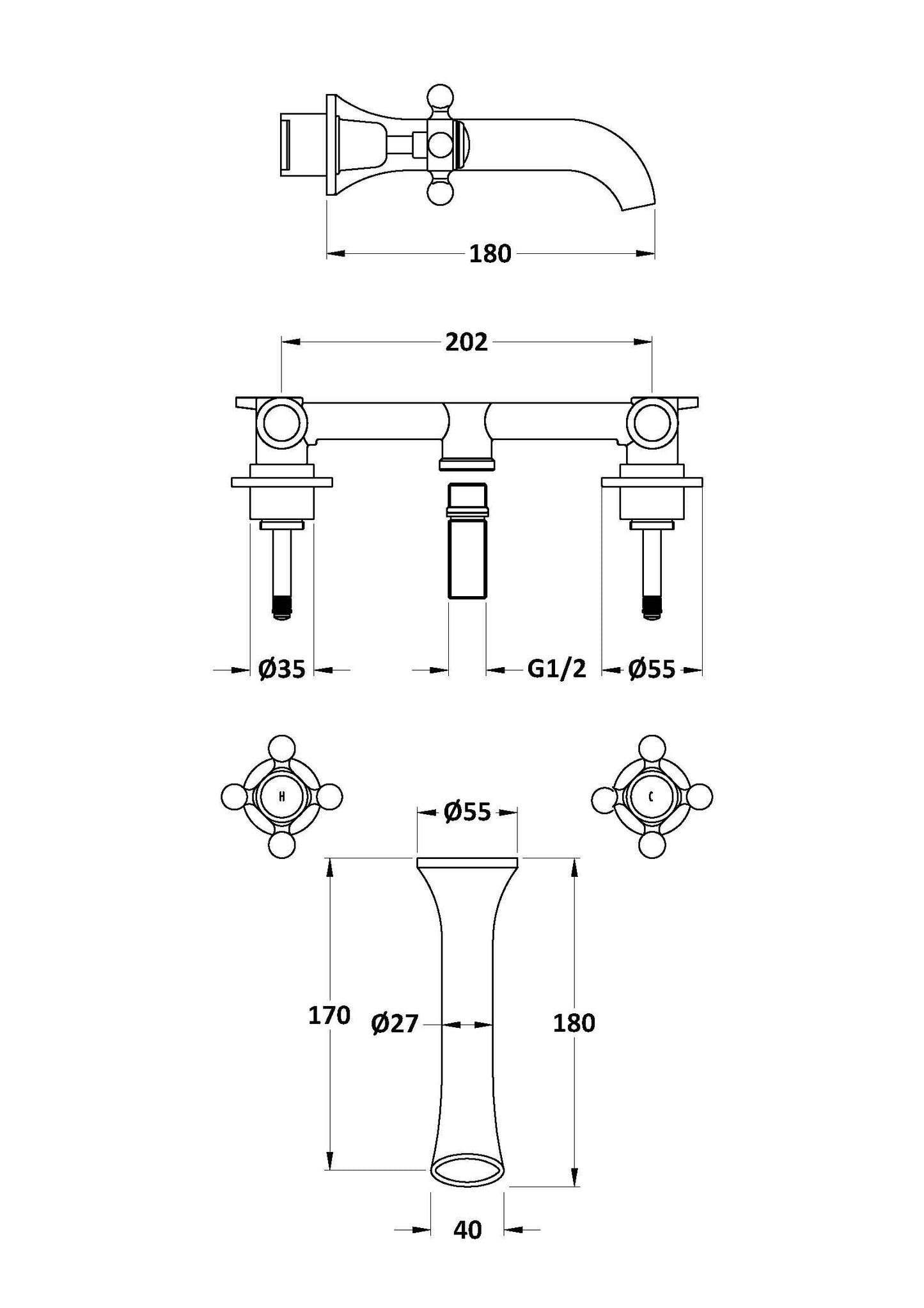 Bayswater 3-Hole Wall Mounted Basin Mixer With Spout X-Head & Domed Collar