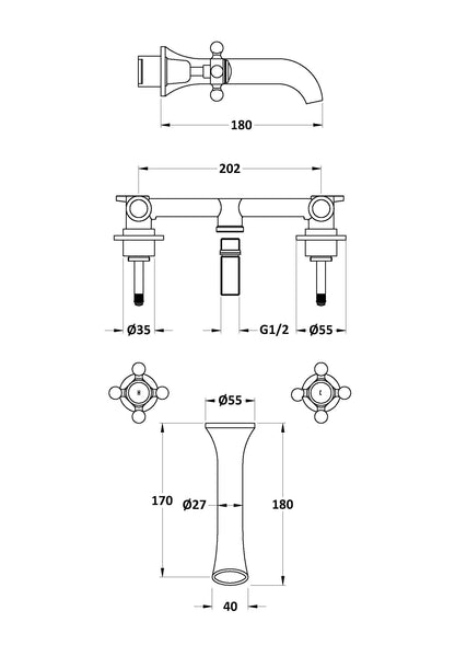 Bayswater 3-Hole Wall Mounted Basin Mixer With Spout X-Head & Domed Collar