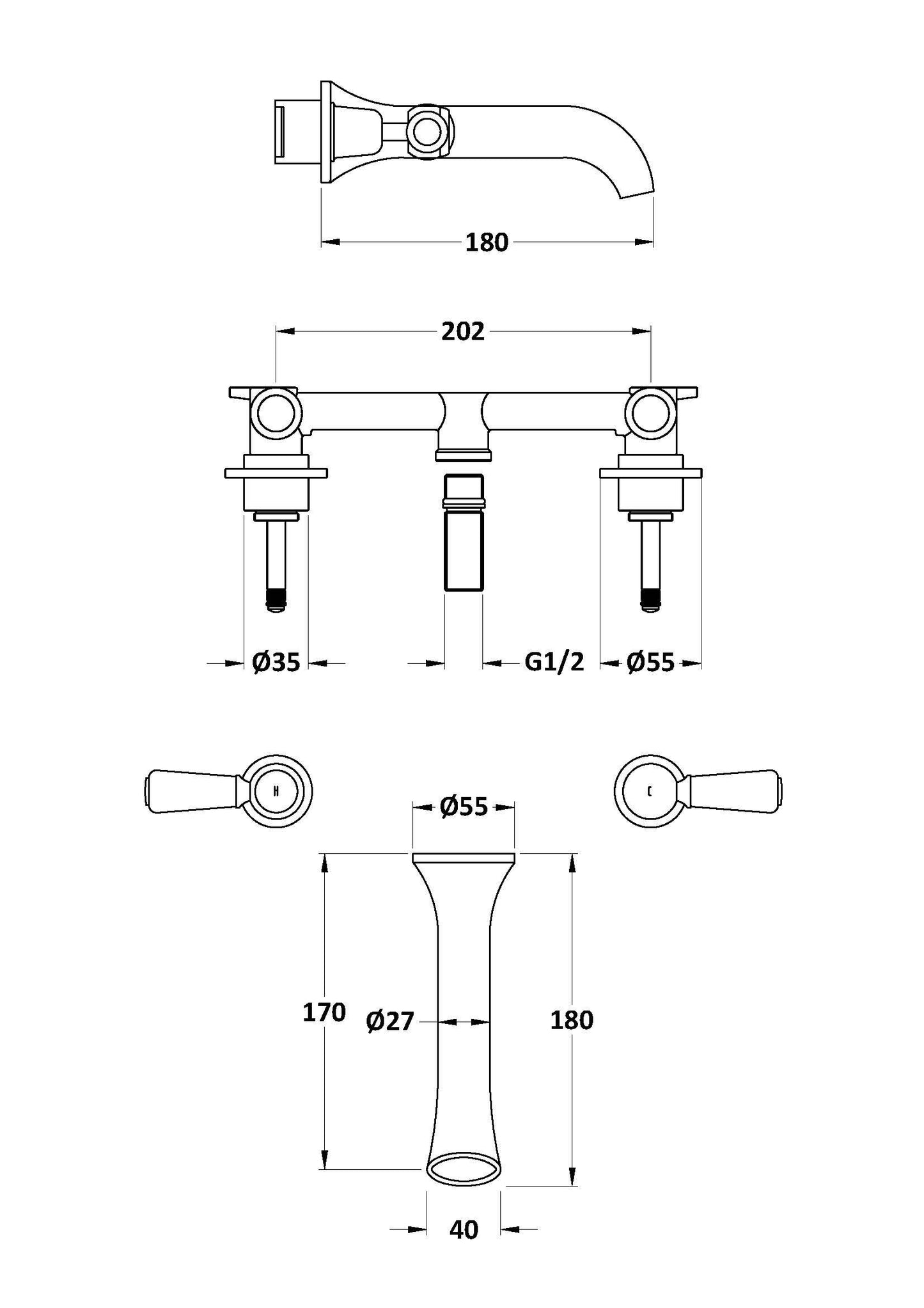 Bayswater 3-Hole Wall Mounted Basin Mixer With Spout Lever & Domed Collar
