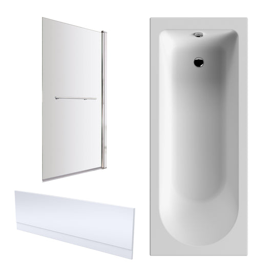 Nuie 1700mm x 700mm White Straight Round Single Ended Bath, Bath Screen, Side Panel, Leg Set and Overflow