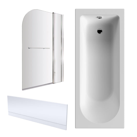 Nuie 1700mm x 700mm White Round Single Ended Bath, Bath Screen, Side Panel and Adjustable Leg Set