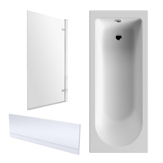 Nuie 1700mm x 750mm European White Round Shower Bath, Bath Screen and Front Panel