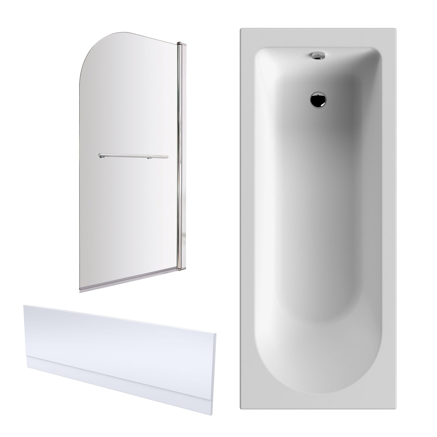 Nuie 1700mm x 750mm European White Round Single Ended Bath, Bath Screen and Side Panel