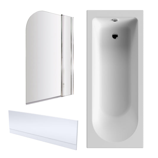 Nuie 1700mm x 750mm European White Round Shower Bath, Bath Screen and Front Panel
