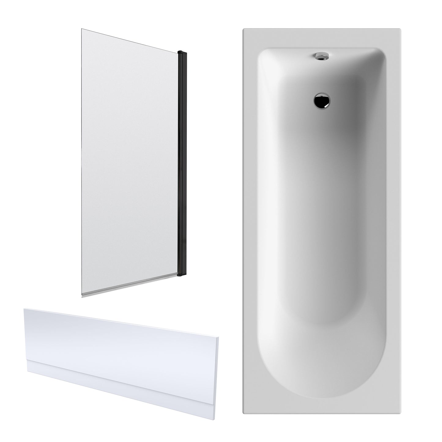 Nuie 1700mm x 700mm White Round Shower Bath, Bath Screen, Front Panel and Leg Set