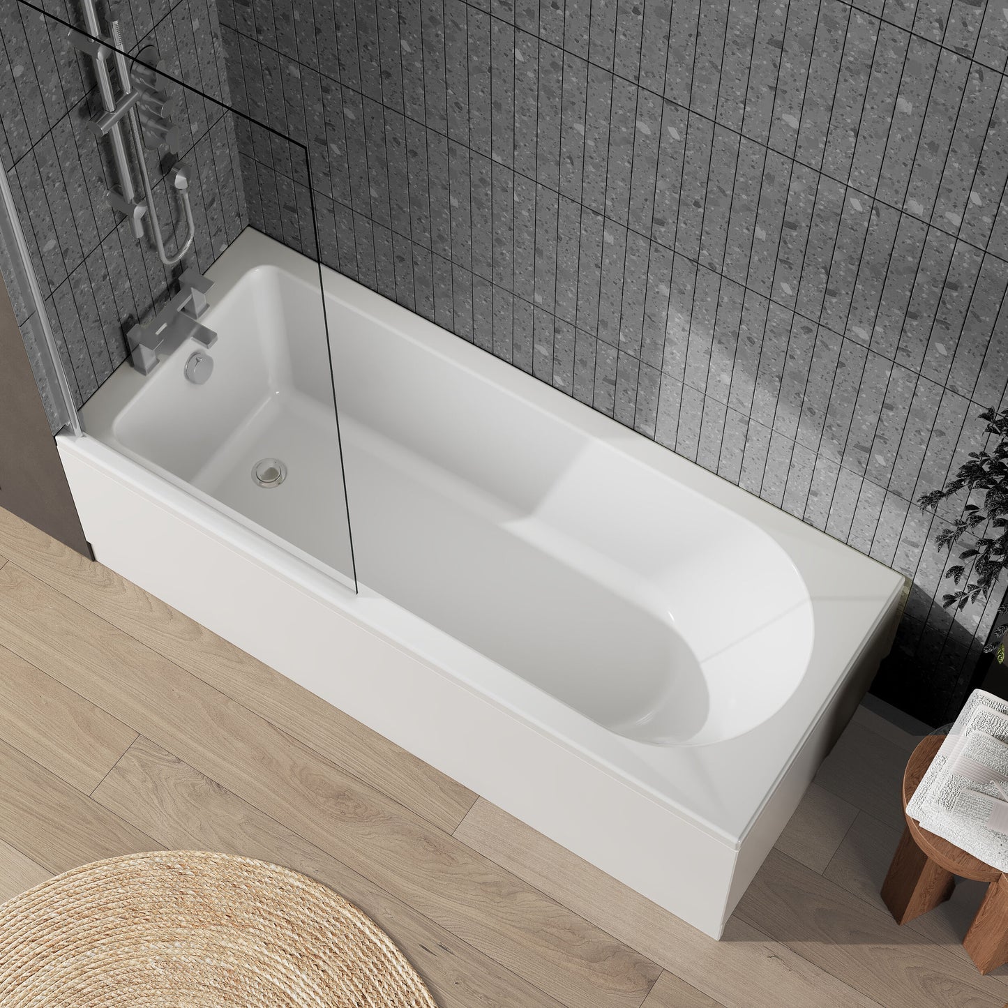 Nuie 1700mm x 700mm White Round Shower Bath, Bath Screen, Front Panel and Leg Set