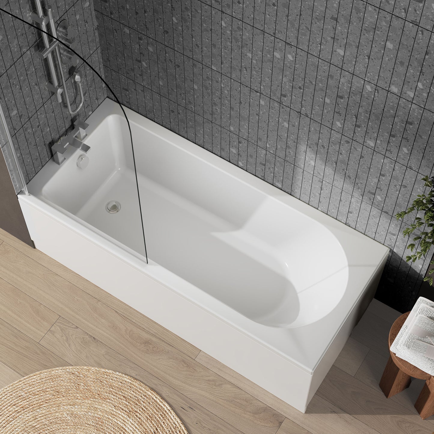Nuie 1700mm x 750mm White Round Shower Bath, Bath Screen, Front Panel and Leg Set