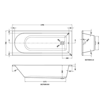 Nuie 1700mm x 700mm White Round Single Ended Bath, Bath Screen, Side Panel and Leg Set