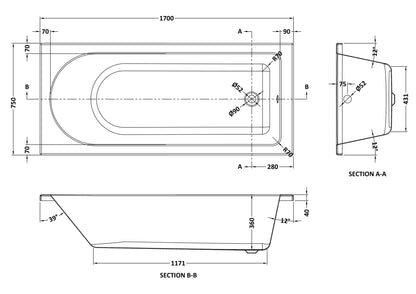 Nuie 1700mm x 750mm European White Round Single Ended Bath, Bath Screen and Front Panel
