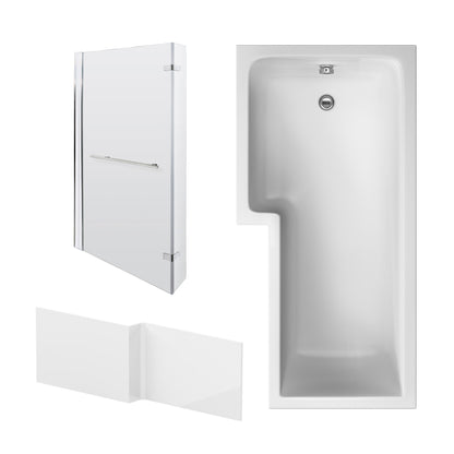 Nuie 1700mm x 850mm White L-Shaped Left Hand Shower Bath, Bath Screen, Side Panel and Leg Set