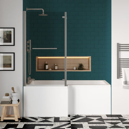 Nuie 1700mm x 850mm White L-Shaped Left Hand Shower Bath, Bath Screen, Side Panel and Leg Set