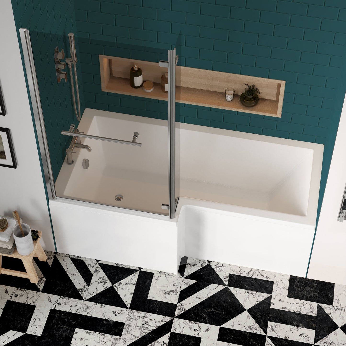 Nuie 1700mm x 850mm White L-Shaped Left Hand Shower Bath, Bath Screen, Side Panel and Leg Set