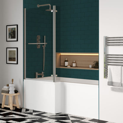 Nuie 1700mm x 850mm White L-Shaped Left Hand Shower Bath, Bath Screen, Side Panel and Leg Set