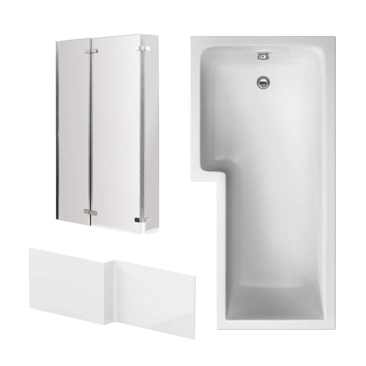 Nuie 1700mm x 850mm White L-Shaped Left Hand Shower Bath, Bath Screen, Side Panel and Leg Set