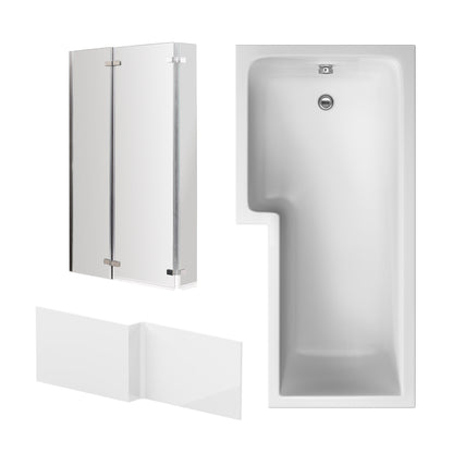 Nuie 1700mm x 850mm White L-Shaped Left Hand Shower Bath, Bath Screen, Side Panel and Leg Set