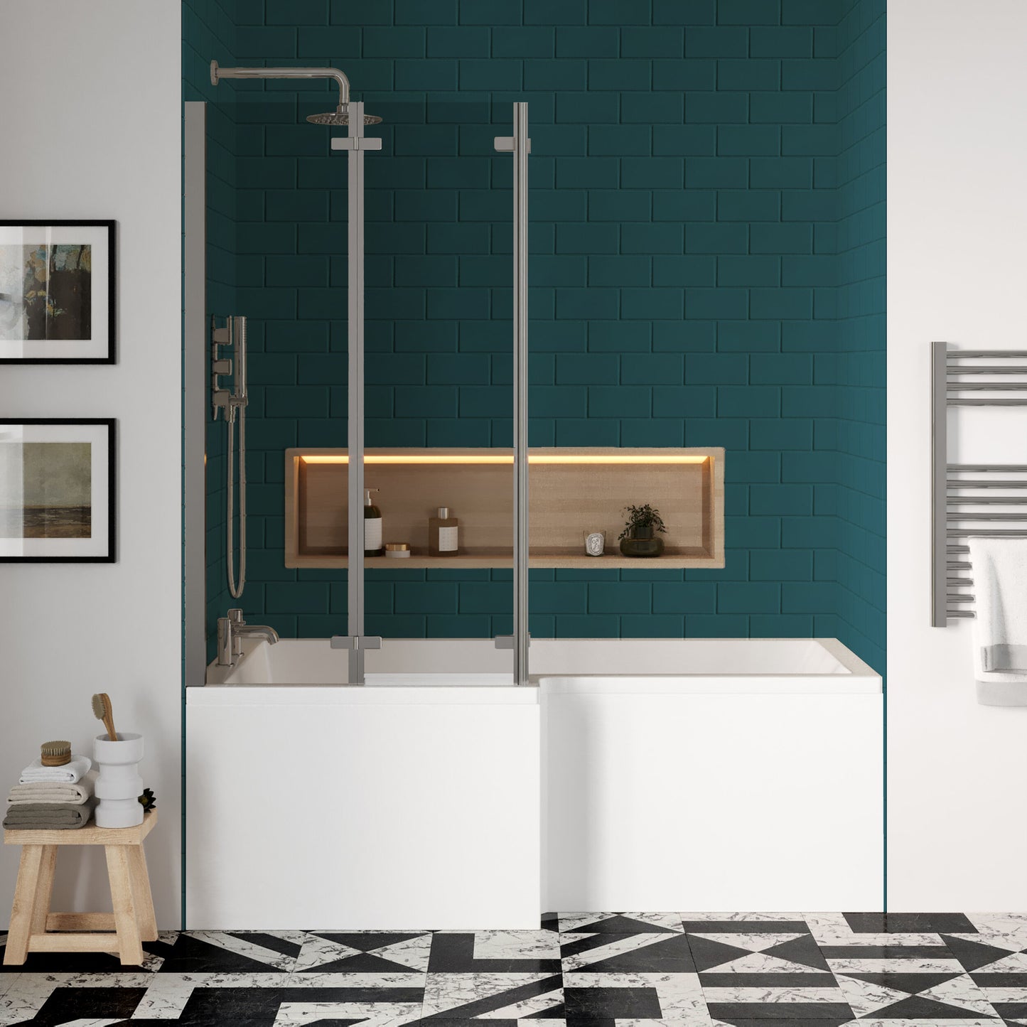 Nuie 1700mm x 850mm White L-Shaped Left Hand Shower Bath, Bath Screen, Side Panel and Leg Set