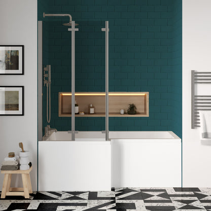 Nuie 1700mm x 850mm White L-Shaped Left Hand Shower Bath, Bath Screen, Side Panel and Leg Set