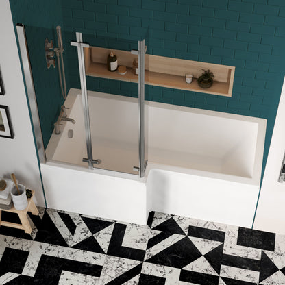 Nuie 1700mm x 850mm White L-Shaped Left Hand Shower Bath, Bath Screen, Side Panel and Leg Set