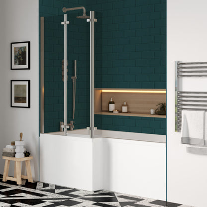 Nuie 1700mm x 850mm White L-Shaped Left Hand Shower Bath, Bath Screen, Side Panel and Leg Set