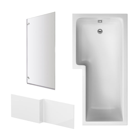 Nuie 1700mm x 850mm White L-Shaped Left Hand Shower Bath, Bath Screen, Front Panel and Leg Set