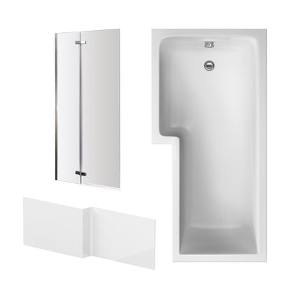 Nuie 1700mm x 850mm White L-Shaped Left Hand Shower Bath, Bath Screen, Front Panel and Leg Set