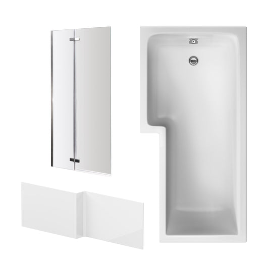 Nuie 1700mm x 850mm White L-Shaped Left Hand Shower Bath, Bath Screen, Front Panel and Leg Set