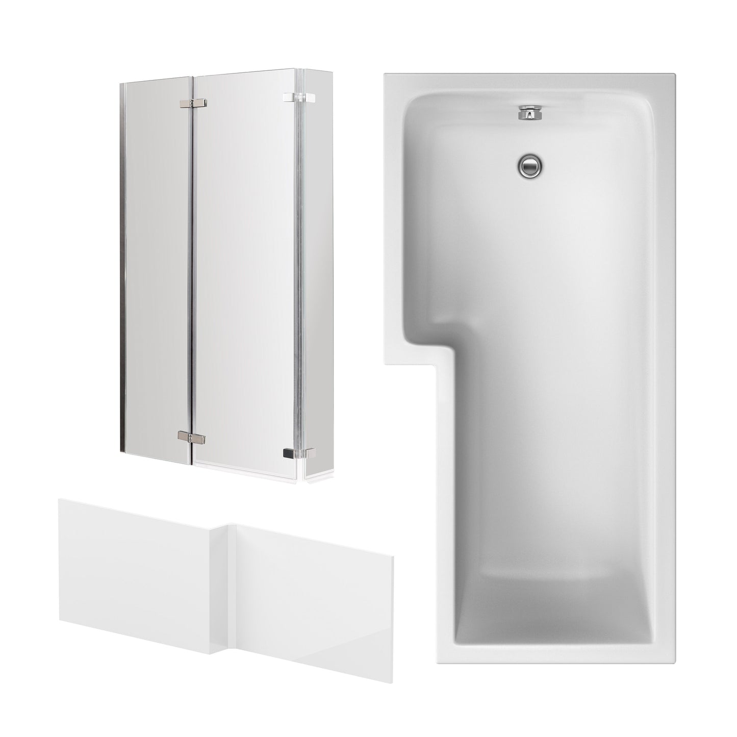 Nuie 1700mm x 850mm White L-Shaped Left Hand Shower Bath, Bath Screen and Side Panel