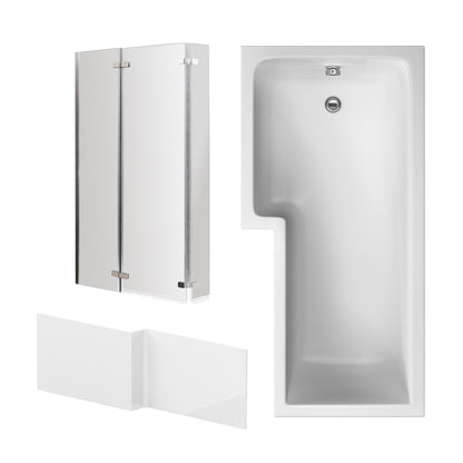 Nuie 1700mm x 850mm White L-Shaped Left Hand Shower Bath, Bath Screen and Side Panel