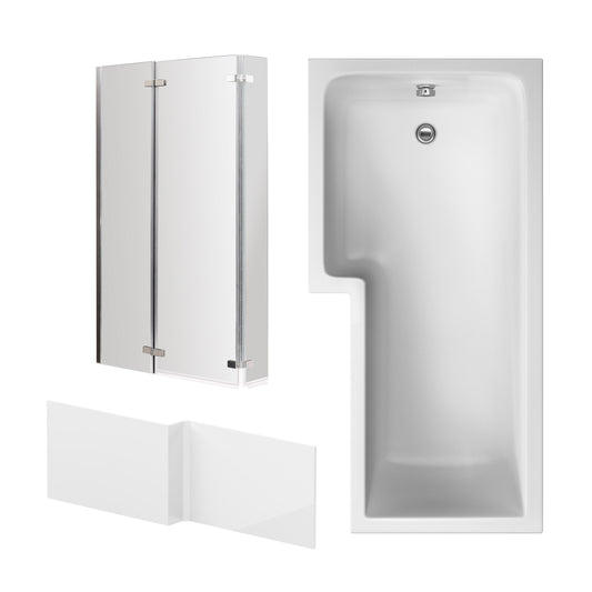 Nuie 1700mm x 850mm White L-Shaped Left Hand Shower Bath, Bath Screen and Side Panel