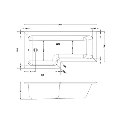 Nuie 1700mm x 850mm White L-Shaped Left Hand Shower Bath, Bath Screen and Side Panel