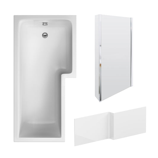 Nuie 1700mm x 850mm White L-Shaped Right Hand Shower Bath, Bath Screen, Side Panel and Leg Set