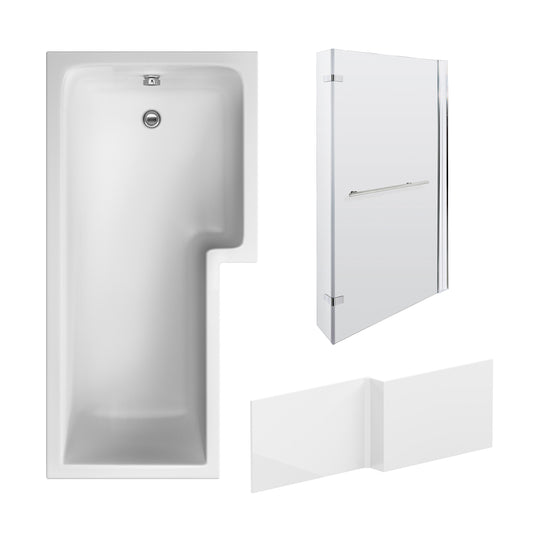 Nuie 1700mm x 850mm White L-Shaped Right Hand Shower Bath, Bath Screen, Front Panel and Leg Set