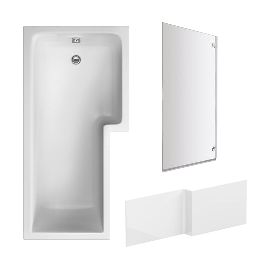 Nuie 1700mm x 850mm White L-Shaped Right Hand Shower Bath, Bath Screen, Front Panel and Leg Set