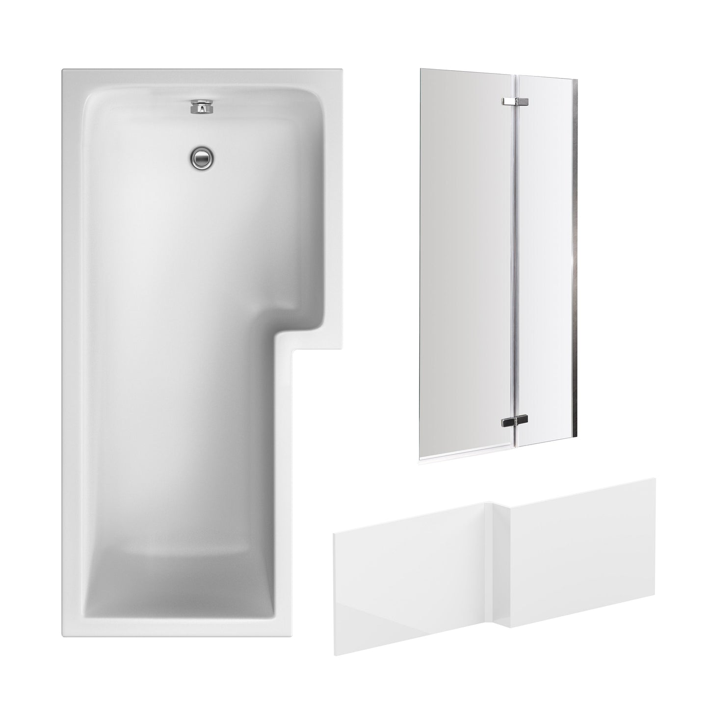 Nuie 1700mm x 850mm White L-Shaped Right Hand Shower Bath, Bath Screen, Side Panel and Leg Set