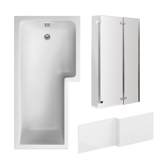Nuie 1700mm x 850mm White L-Shaped Right Hand Shower Bath, Bath Screen, Side Panel and Leg Set