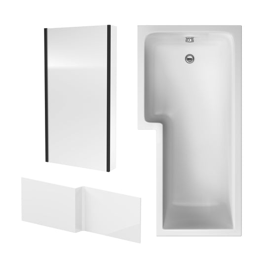 Nuie 1700mm x 850mm White L-Shaped Left Hand Shower Bath, Bath Screen, Side Panel and Leg Set