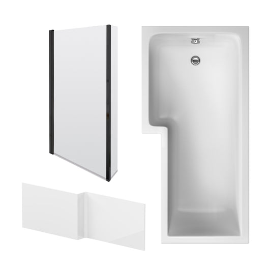 Nuie 1700mm x 850mm White L-Shaped Left Hand Shower Bath, Bath Screen, Side Panel and Leg Set