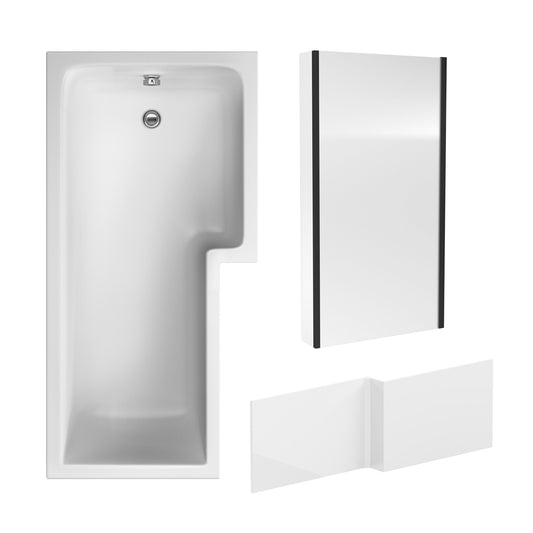 Nuie 1700mm x 850mm White L-Shaped Right Hand Shower Bath, Bath Screen, Side Panel and Leg Set