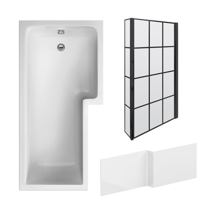 Nuie 1700mm x 850mm White L-Shaped Right Hand Shower Bath, Bath Screen, Side Panel and Leg Set
