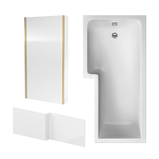 Nuie 1700mm x 850mm White L-Shaped Left Hand Shower Bath, Bath Screen, Front Panel and Leg Set