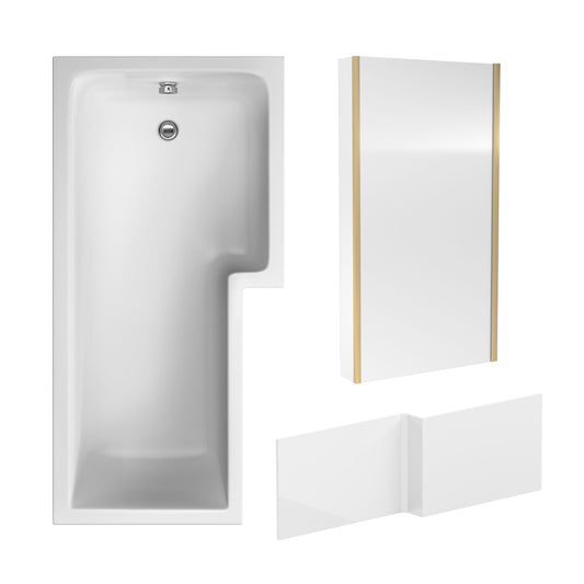 Nuie 1700mm x 850mm White L-Shaped Right Hand Shower Bath, Bath Screen, Side Panel and Leg Set