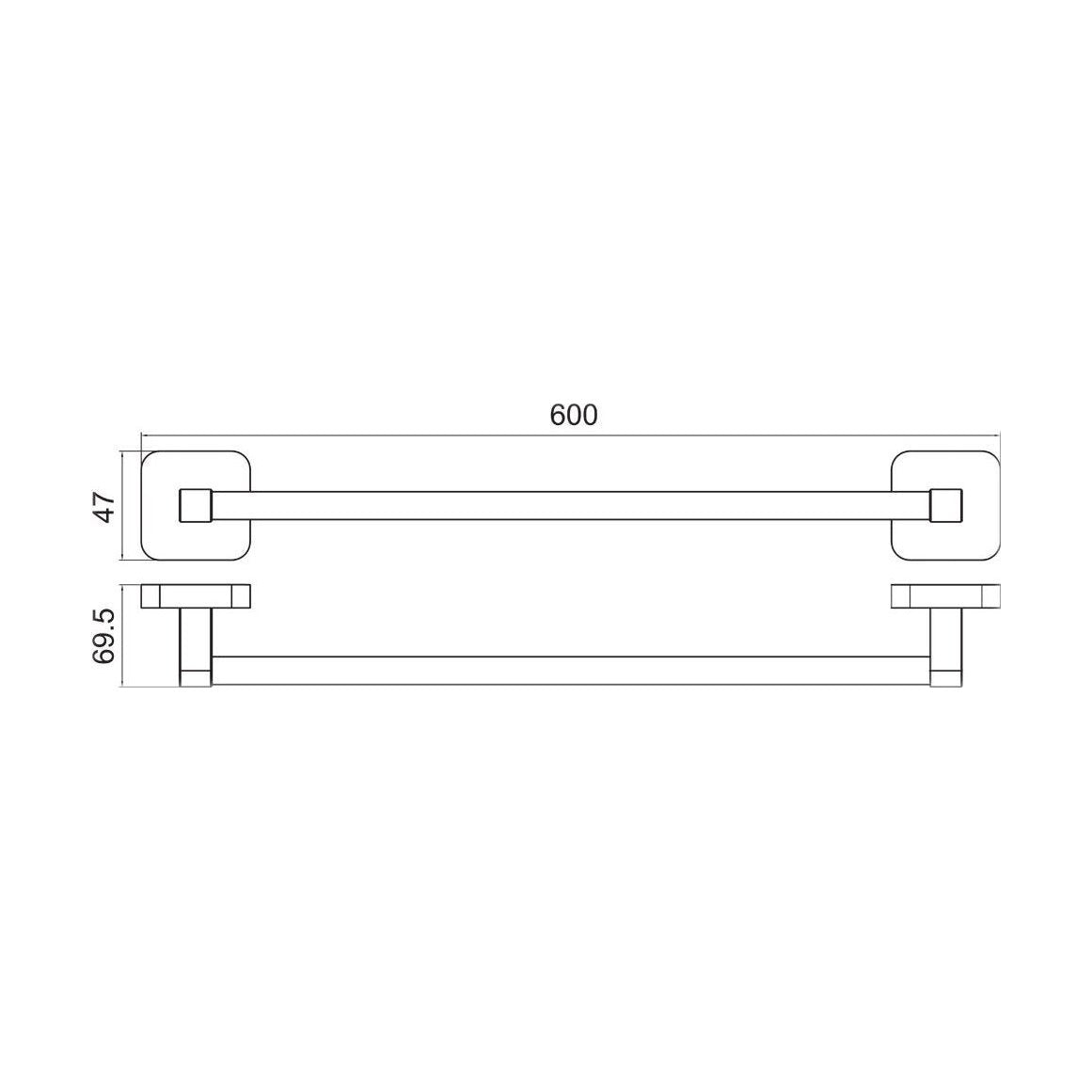 [BB101CR] Wall Mounted Single Round Bathroom Towel Bar, 600mm - Choice of Finish - Technical Drawing
