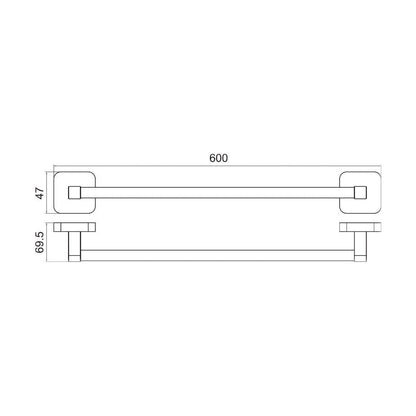 [BB101K] Wall Mounted Single Round Bathroom Towel Bar, 600mm - Choice of Finish - Technical Drawing