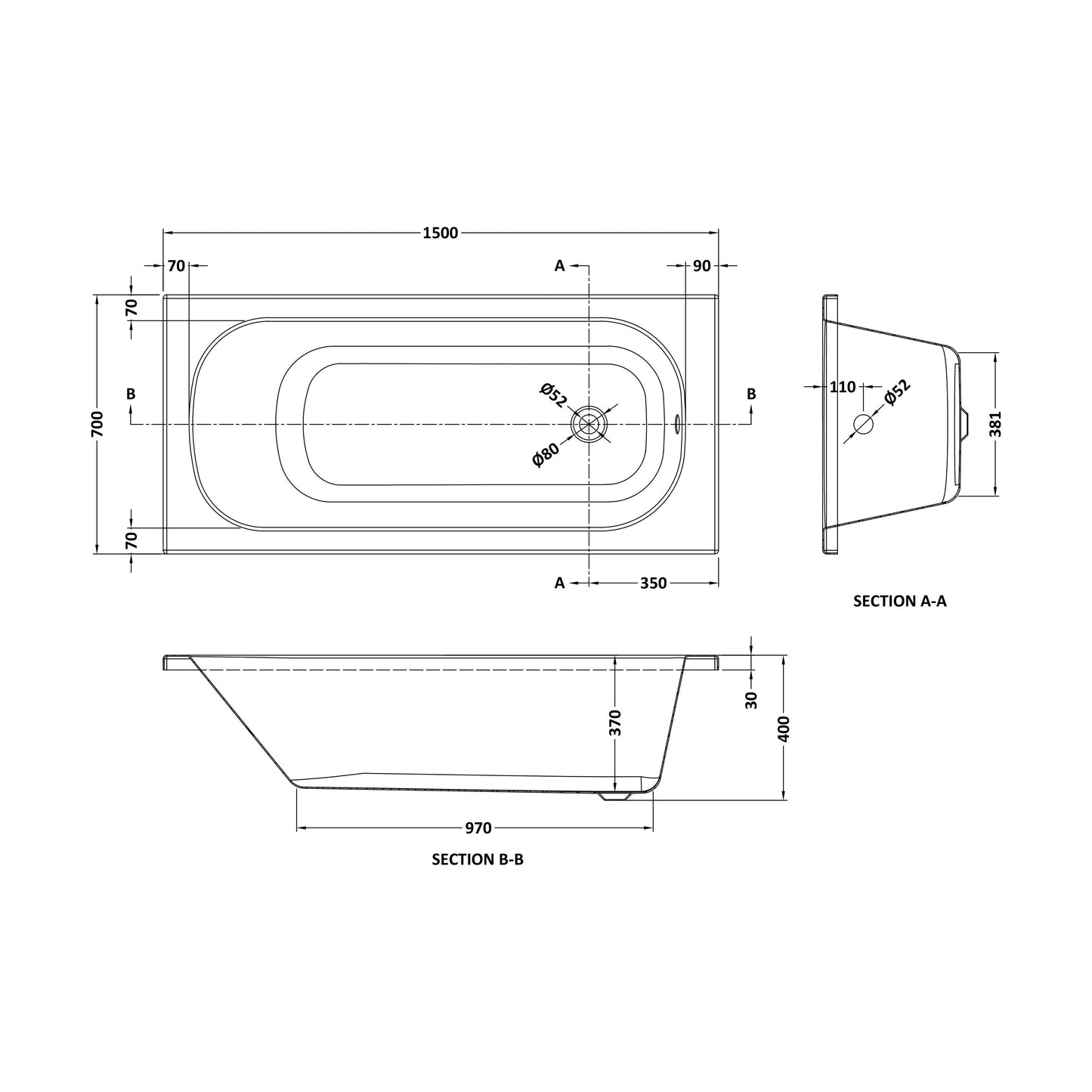 [BB1500P] Rectangular Single Ended No Tap Hole Steel Bath, 1500 x 700 x 390mm - Technical Drawing