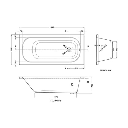 [BB1500P] Rectangular Single Ended No Tap Hole Steel Bath, 1500 x 700 x 390mm - Technical Drawing