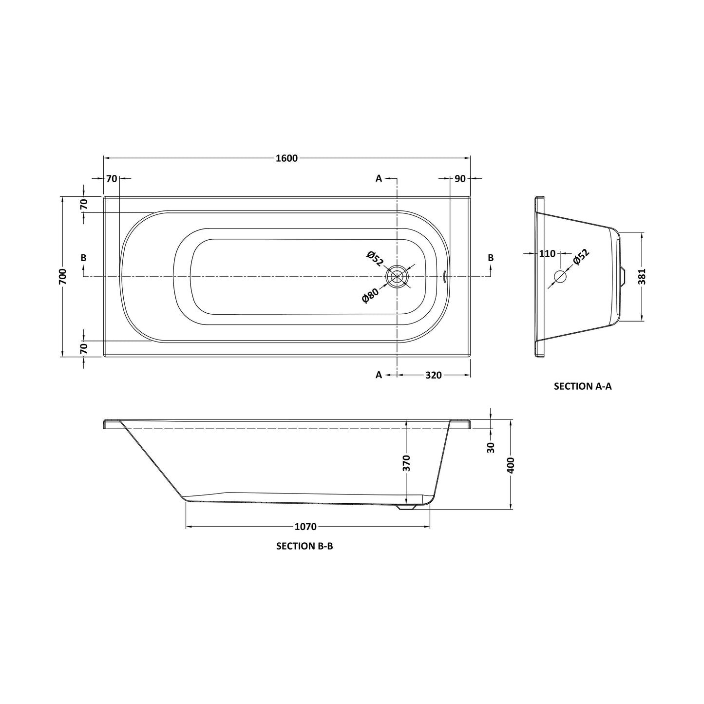 [BB1600P] Modern Rectangular Single Ended Bath 1600x700x355mm - White - Technical Drawing