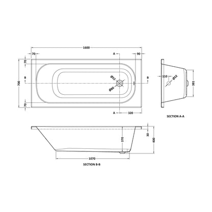[BB1600P] Modern Rectangular Single Ended Bath 1600x700x355mm - White - Technical Drawing