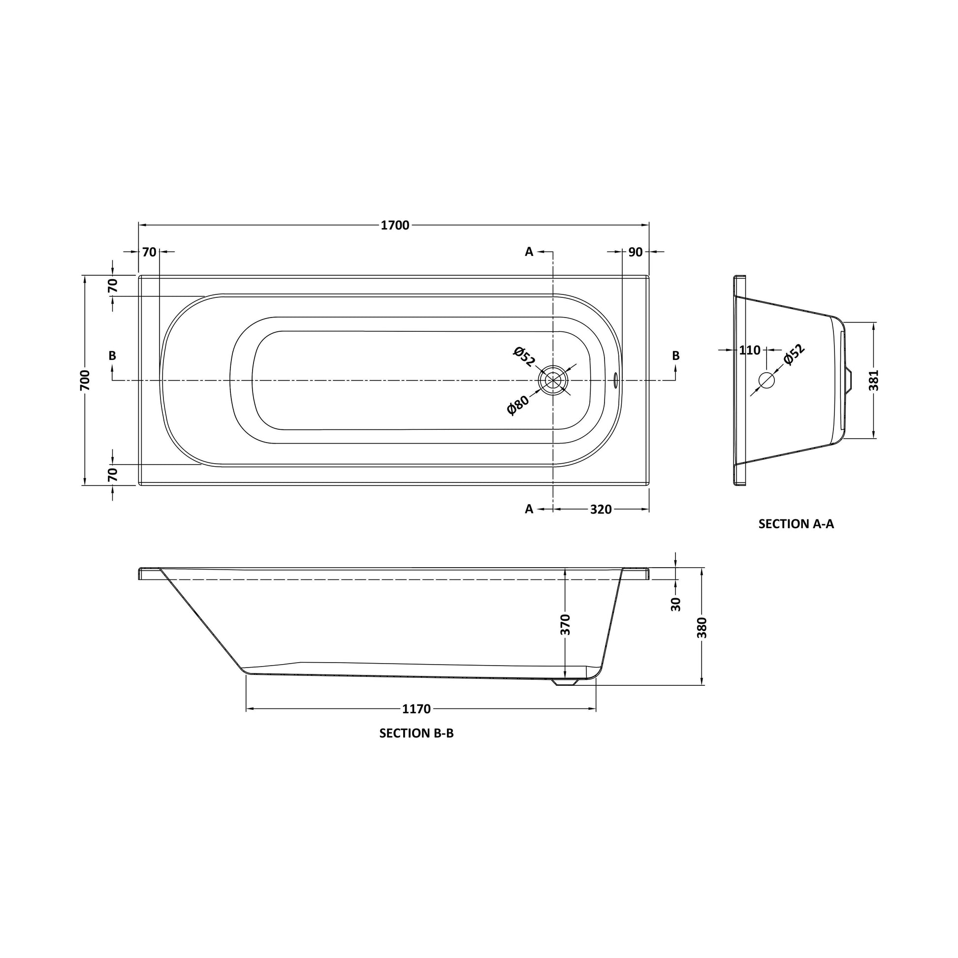 [BB1700P] Modern Rectangular SE Bath 1700x700x360mm 2 Tap Holes - White - Technical Drawing