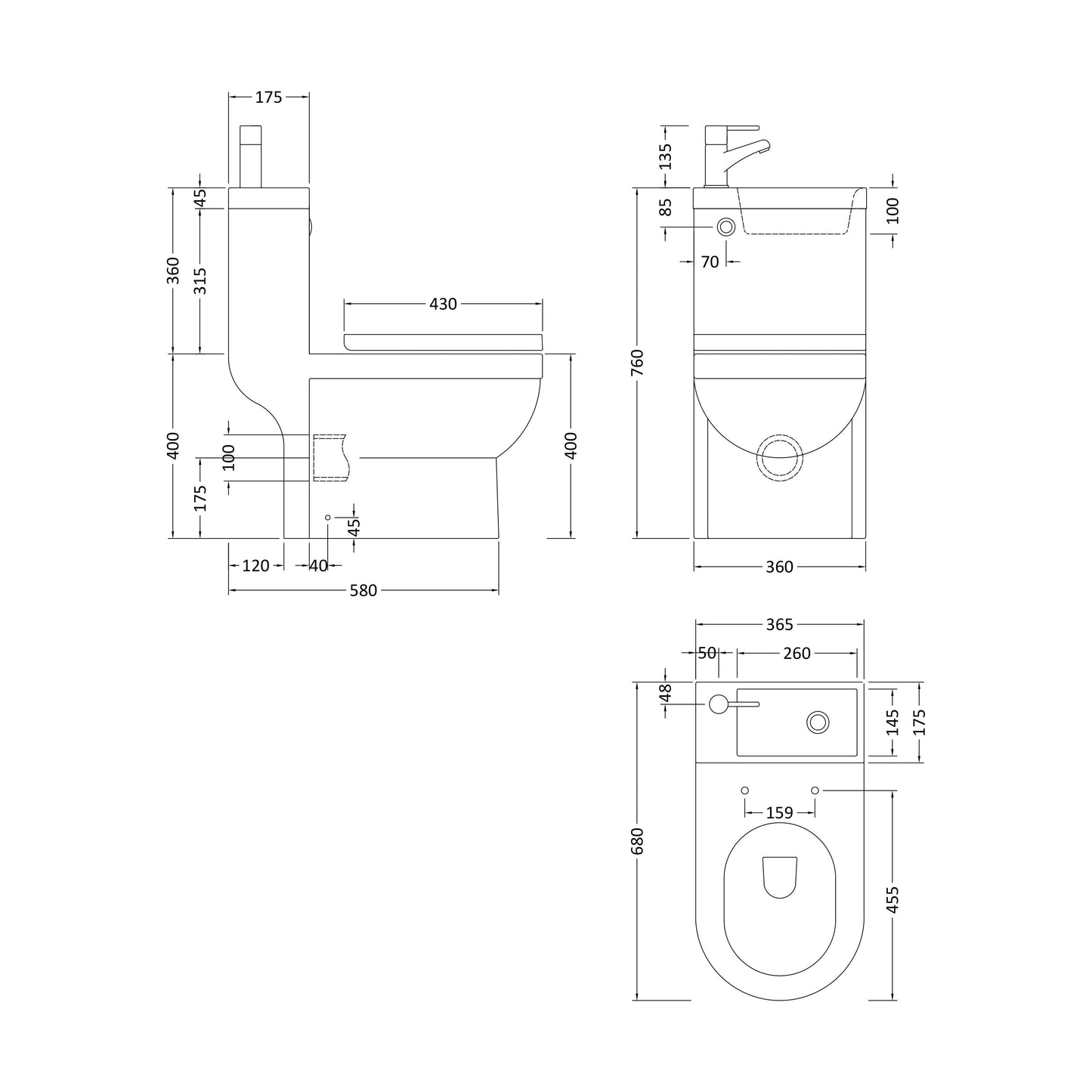 [BB23701P2] 1pc Integrated Toilet & Basin cw Tap - Technical Drawing