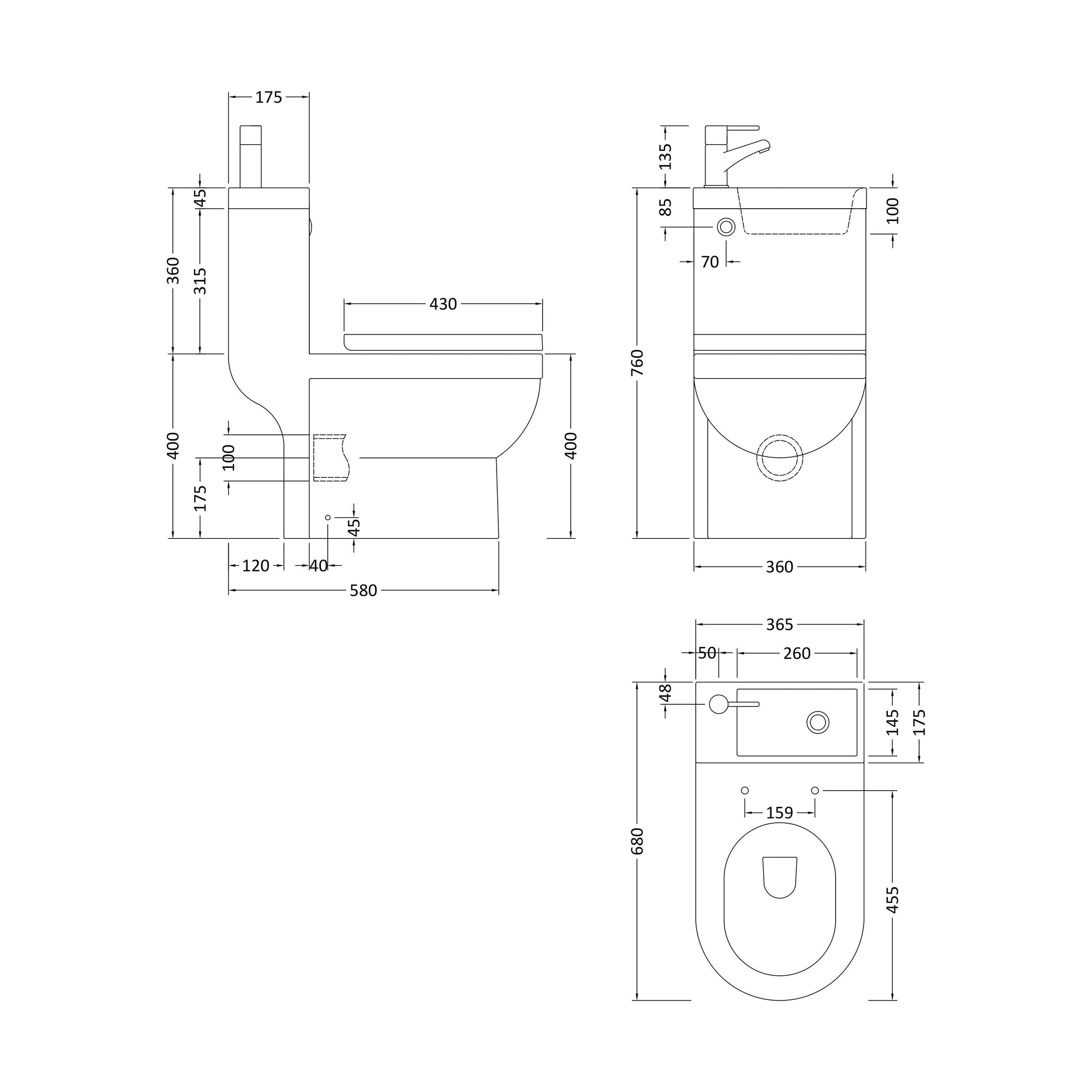 [BB23701P2] 1pc Integrated Toilet & Basin cw Tap - Technical Drawing